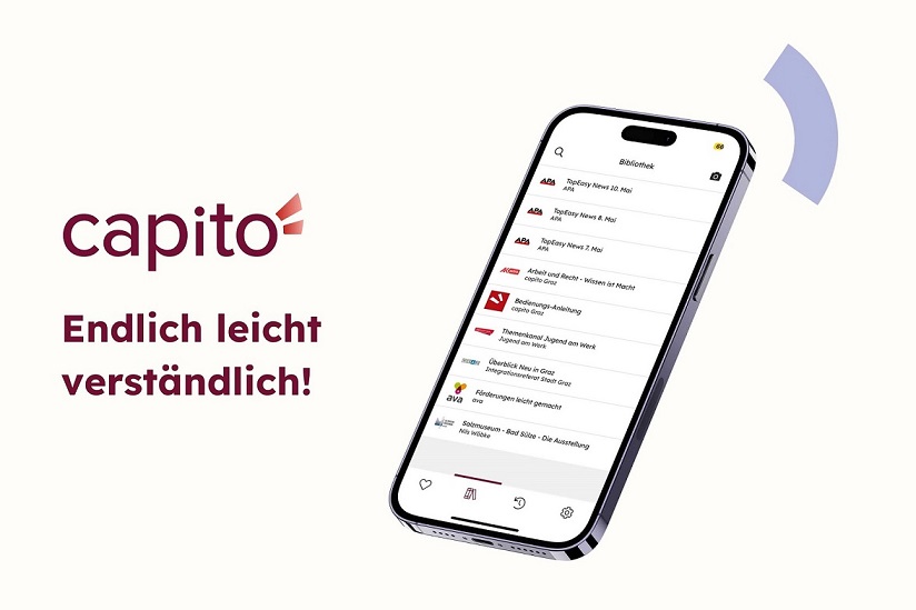Ein Bild von einem Smartphone auf dem die Bibliothek der capito App offen ist. Daneben ist ein Schriftzug mit dem Logo von capito und dem Text "Endlich leicht verständlich!"